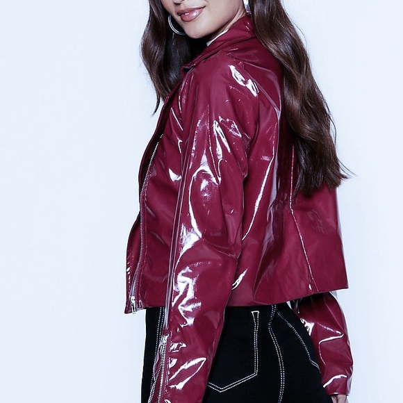 Petite Vinyl Biker Jacket / Wine Color - Picture 2 of 7